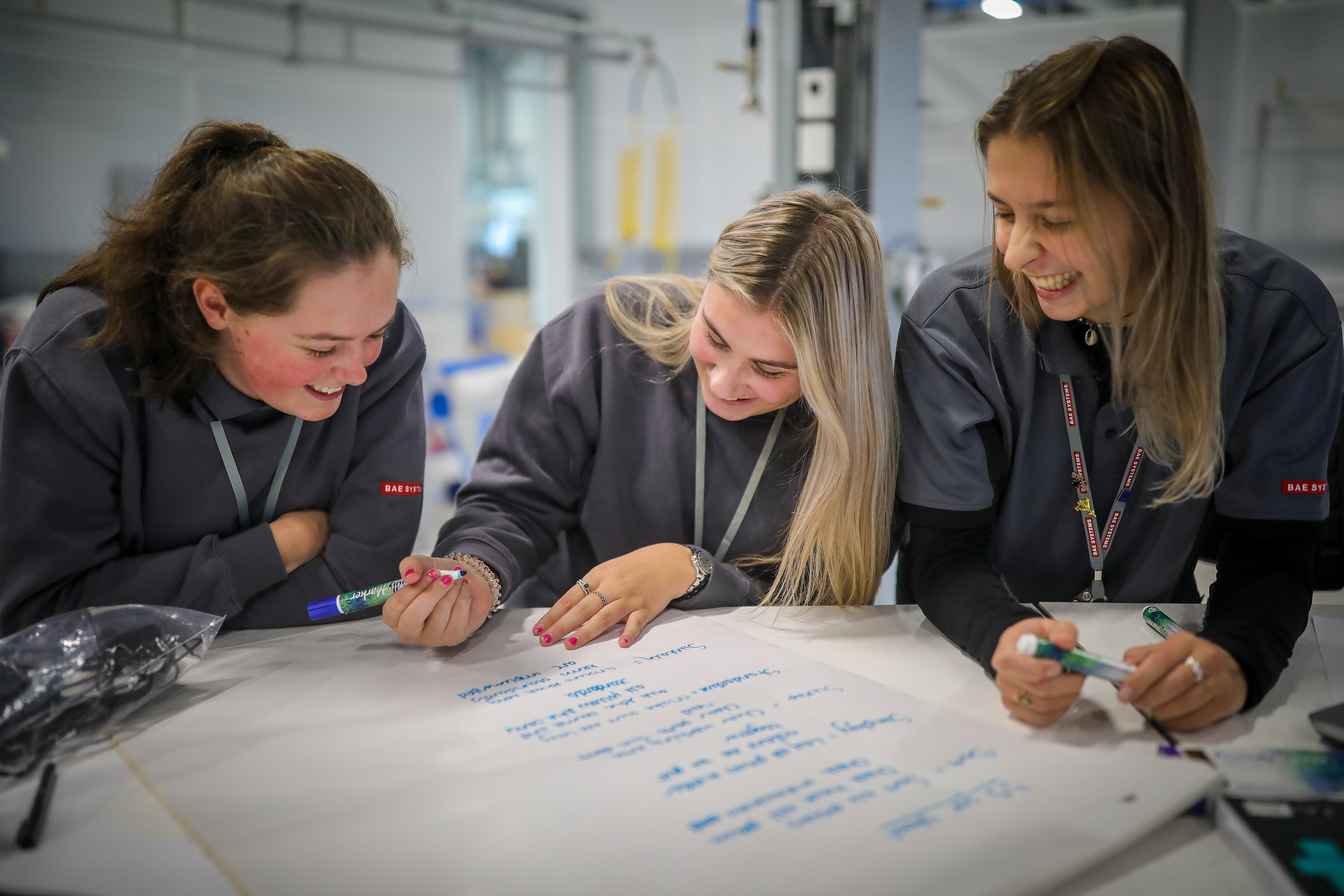 Apprentices making notes together on a whiteboard