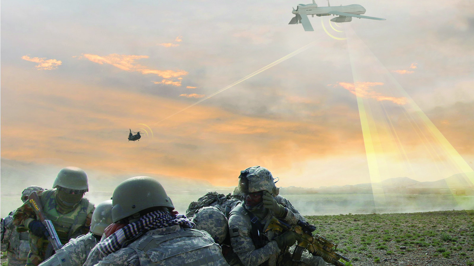 U.S. Army soldiers in-country with signals intelligence collection and updating going on above them via UAVs and rotary aircraft, all optimized by our advanced SIGINT EW products.